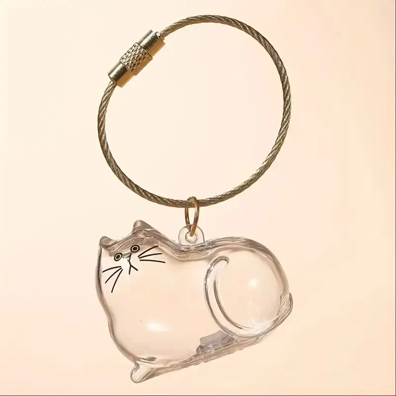 Cute Cartoon Cat Keychain with Plush Cat Fur, Transparent Oval Key Holder for Cat Lovers and Pet Owners, No Battery Required, Lightweight Material