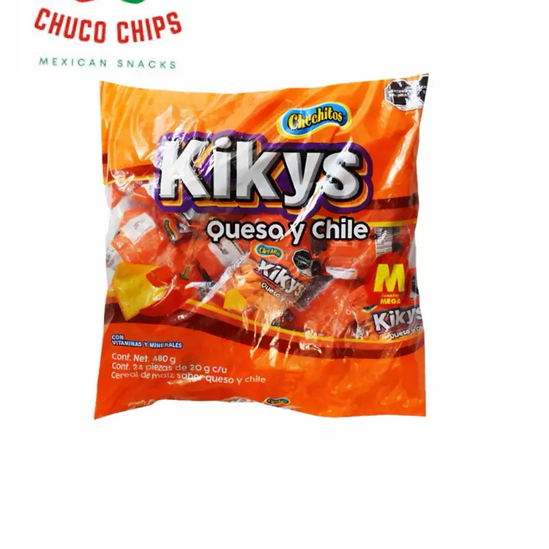 Kikys Chechitos Botaneros . Individual bags. Each bag comes with 24 individual bags. Choose from Chechos Cheddar flavor, Kikys Hot Chile, Kikys Queso Jalapeño , Kikys Cheddar, and Kikys Ahumados. Authentic Mexican snacks . Kikys Chechitos Botaneros . Individual bags. Each bag comes with 24 individual bags. Choose from Chechos Cheddar flavor, Kikys Hot Chile, Kikys Queso Jalapeño , Kikys Cheddar, and Kikys Ahumados. Authentic Mexican snacks .