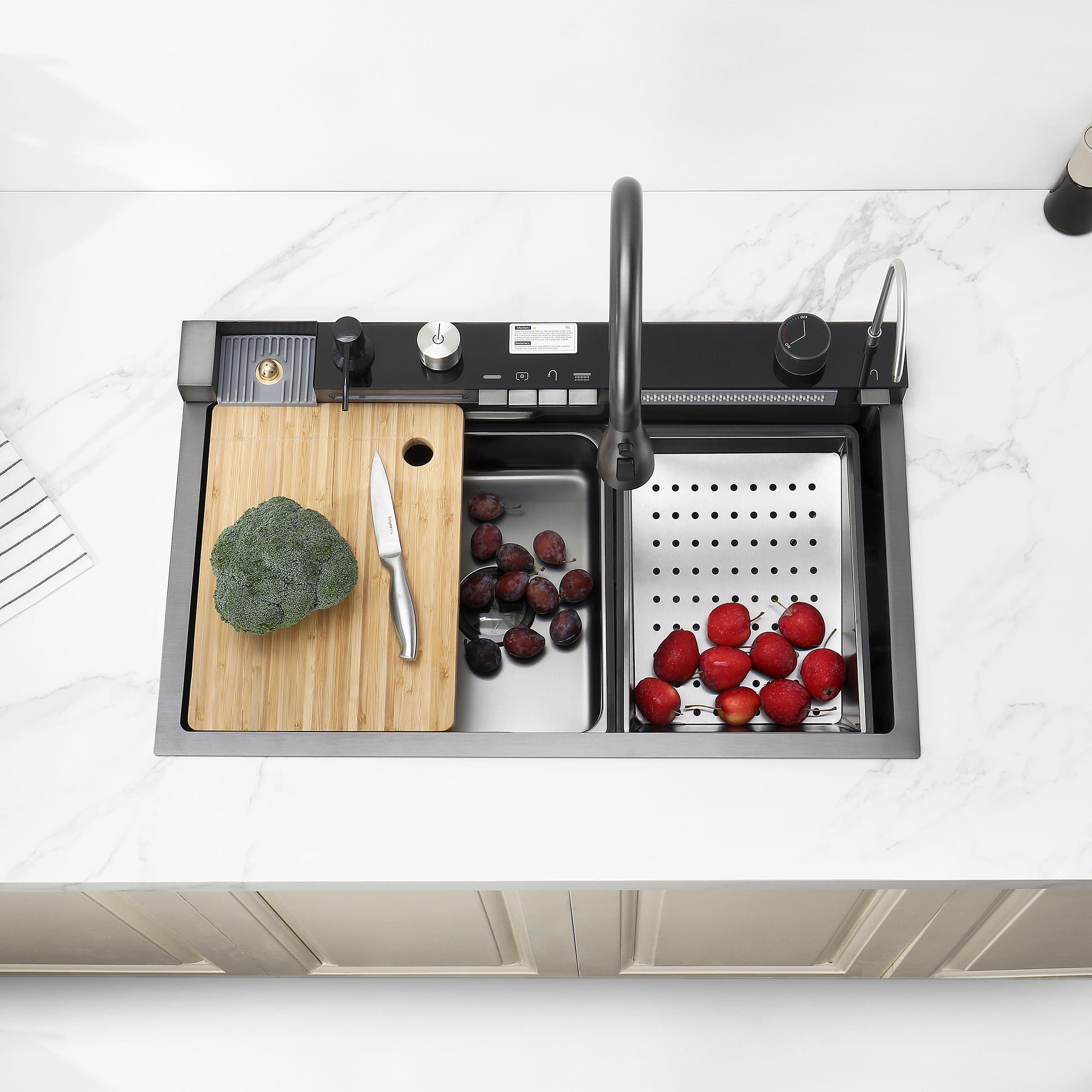 30 Inch Kitchen Sink with Smart Digital Display, Water Powered Piano Key Control, 3 Water Modes Pull Out Faucet, Dual Knob Design, Honeycomb Coating, Compatible with US Standard Garbage Disposal