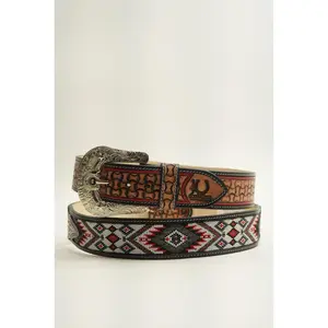 LA HERRADURA 2 INCH BELT BLACK AZTEC RED/GREY NEW DESIGN