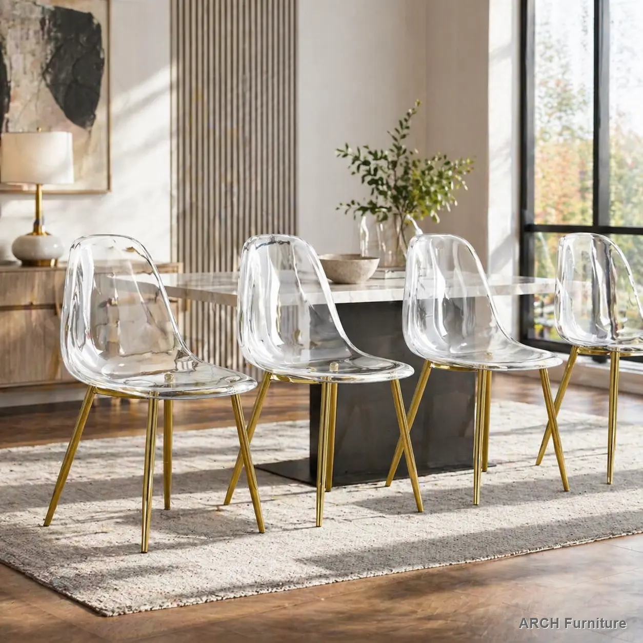 Modern Simple Transparent Armless Dining Chair - Set of 4, Curved Back, Plastic Crystal Chair, Nordic Creative Makeup Stool, Easy Setup, Golden Plated Metal Legs, Model W115191501 TW-1200, Set Of Four