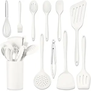 11 PCS Silicone Cooking Utensils Set, Heat Resistant Kitchen Utensils with Holder, Food-grade Spatula Sets for Nonstick Cookware, Kitchen Tools Gadgets Include Fish Turner, Spoon (White)