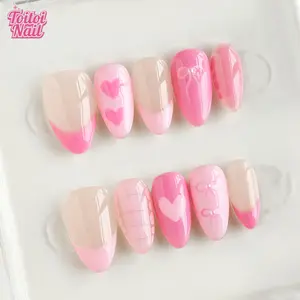Pink Bow Handmade Press-On Nails | Medium Almond Shape, 10pcs | Cute Sweet Pink Bow Design | Sheer Nude Base & Pink Gradient & Hand Drawn Heart & Bow & Pearl Rhinestone & High Gloss Accents | Reusable DIY Nail Kit for Women | Trendy Nails for Spring