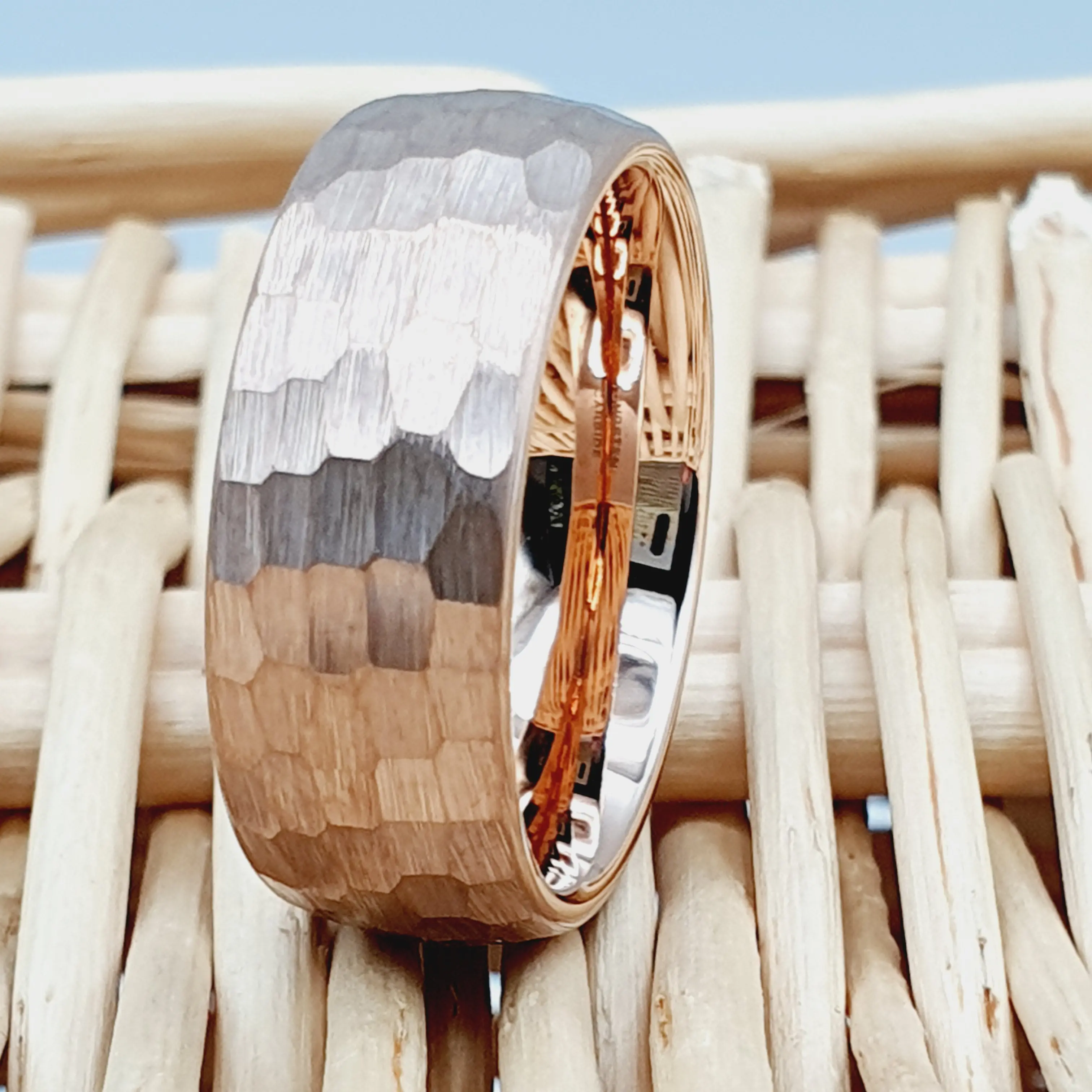 Rose Gold Hammered Tungsten Ring for Men - Wedding Band, Anniversary Engagement Ring - 8MM Brush Design