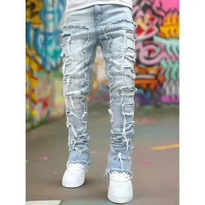 Men’s Streetwear Hip Hop Stacked Spliced Slim Straight Jeans Pants – Stylish Motorcycle Biker Denim Trousers