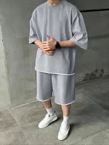 Men's Round Neck T-Shirt & Shorts Set, Summer Casual Sportswear, Solid Color, Drawstring Waist, Short Sleeve, Loose Fit, 2 Piece