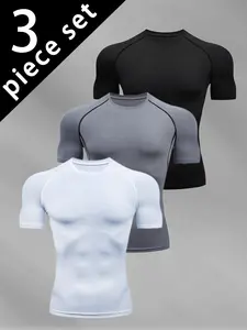 3 Pack Men's Sports Fitness Shapewear, Slim Tight Short Sleeve Top, Comfortable Moisture Wicking Corset,  Outdoorfun , Fast Drying Breathable Outdoor Leisure Fitness Riding Soccer Basketball T Shirt Crew Neckline