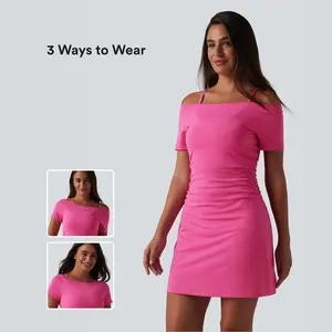 Halara SoftlyZero Plush Off-shoulder Ruched 2-in-1 Built-in Bra Mini Yoga Active Dress with Pockets-Easy Peezy