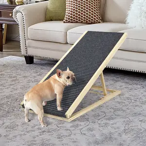 39" Solid Wood Dog Ramp - 5-Level Height Adjust, Foldable Portable, Grooved Fabric Non-Slip Surface, for Small/Old Dogs Up to 70 LBS (16.34" to 22.4" Height Range) for Bed, Car