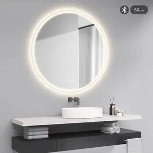 STARLEAD 24" Round LED Bathroom Mirror, Front & Backlit, Anti-Fog, Bluetooth Speaker, 3000K/4000K/6500K Dimmable, Wall-Mounted