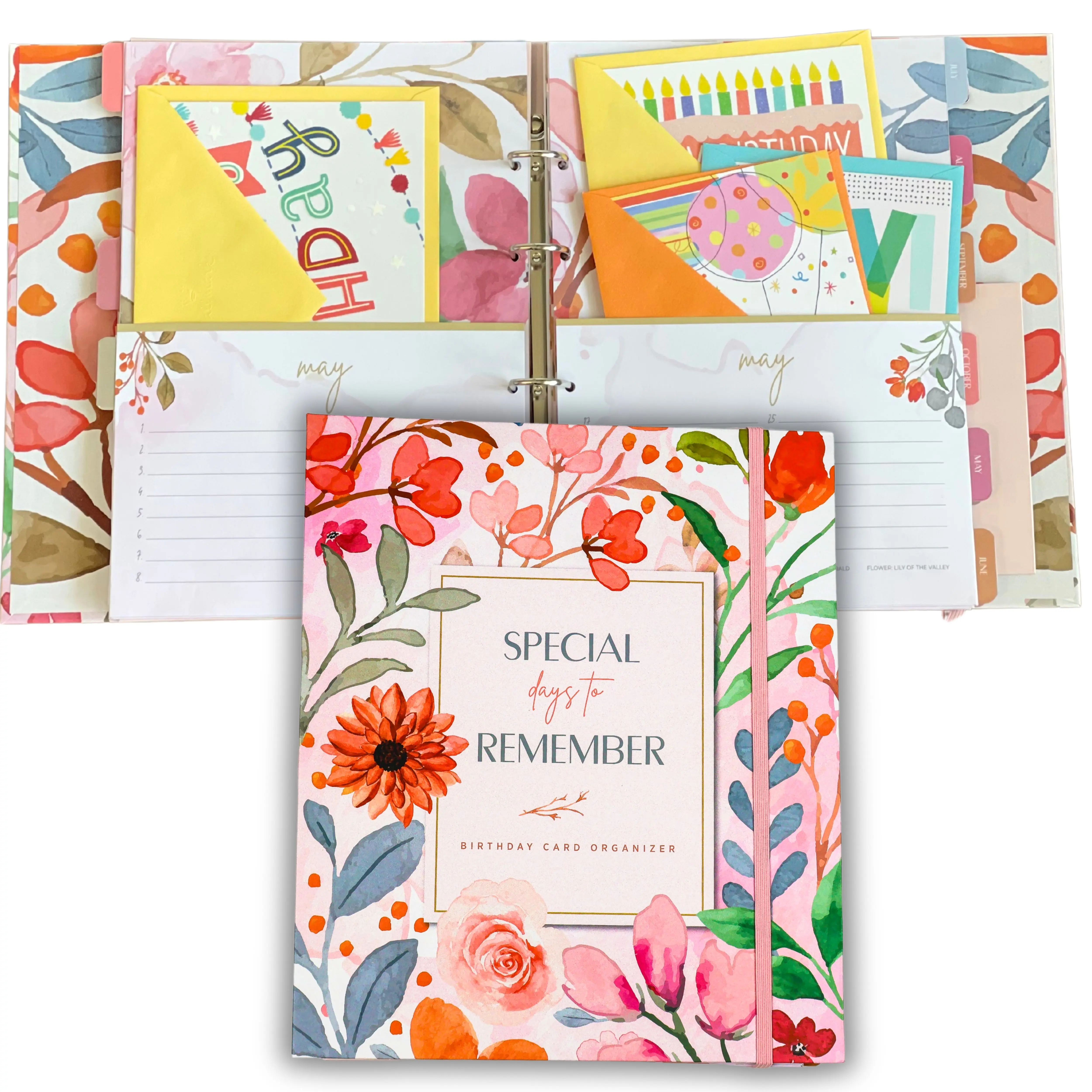 Floral Birthday Book Greeting Card Organizer with Pockets Hardcover Perpetual Calendar & Date Tracker for Birthdays Christmas Holidays Anniversaries Card Keeper