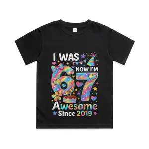 I was 6 Now I’m 7 Birthday Awesome Since 2019 Kids Cotton T-shirt, Graphic Print Round Neck Short Sleeve Casual Tee for Boys Girls