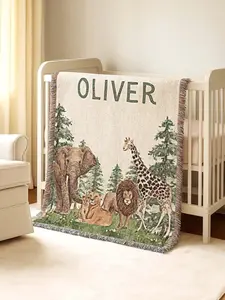 Safari Baby Blanket with Name Patchwork, Woven Cotton or Fleece Blanket, Jungle Newborn Blanket, Keepsake Heirloom Gift