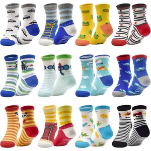 Unisex Kids Cotton Blend Elastic Socks - Crew Length, Non-Slip Grips, Cute Animal Motifs, Character Prints - 12 Pairs for Ages 1-7 Boys and Girls