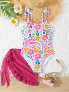 New Floral Print Halter One-Piece Swimsuit for Girls, European Style Sleeveless Two-Piece Swimwear, Beach Sun Protection Set