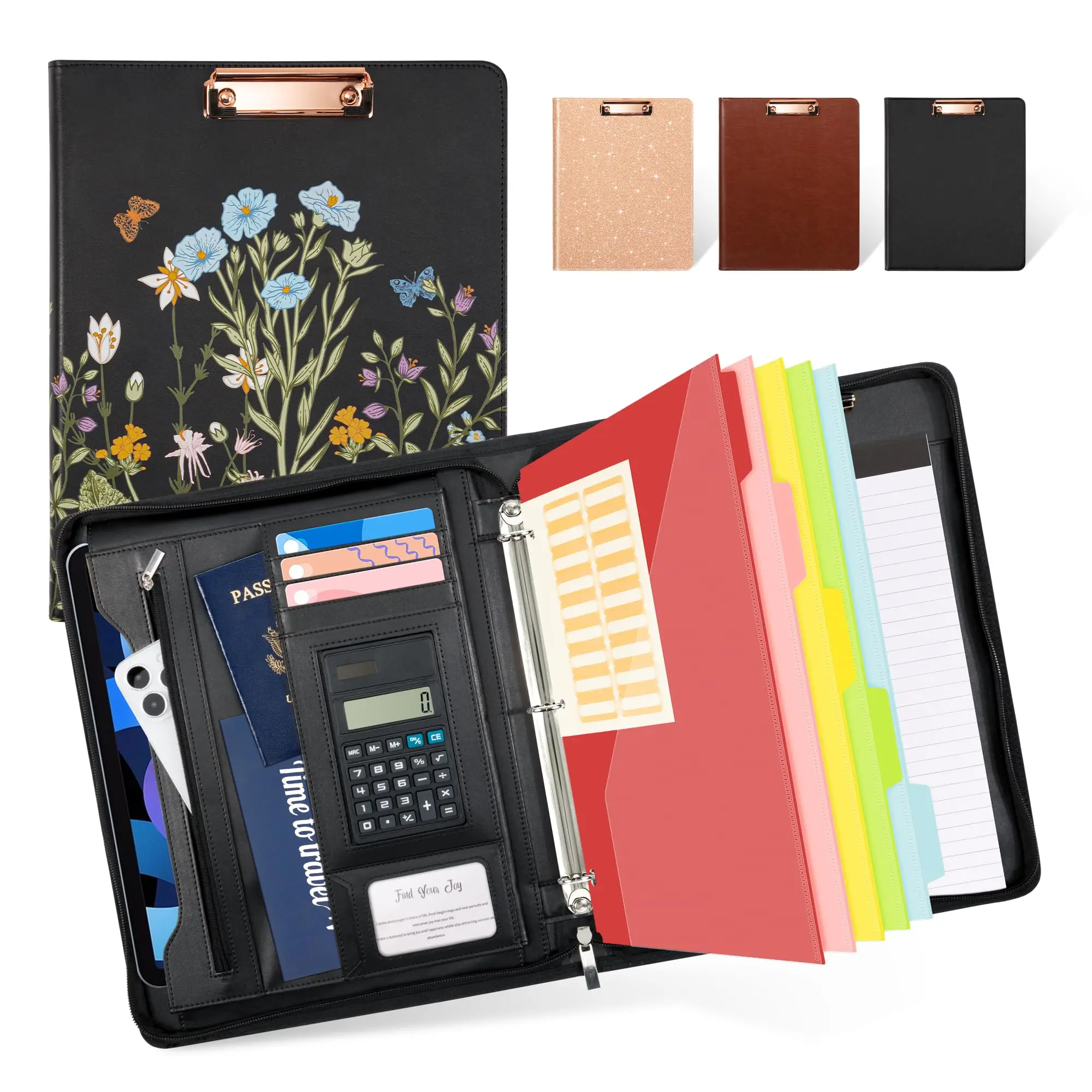 Leather Portfolio Folder With Zipper - 3 Ring Binder Clipbard Calculator  12.1" Tablet Sleeve 5 Dividers 10 Pockets Refillable Notepad Card Holder (bushes)