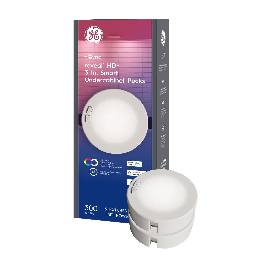 GE Household Lighting 3pk Undercabinet Puck Lights: LED 300 Lumens 3000K Multicolored Electric Push Button