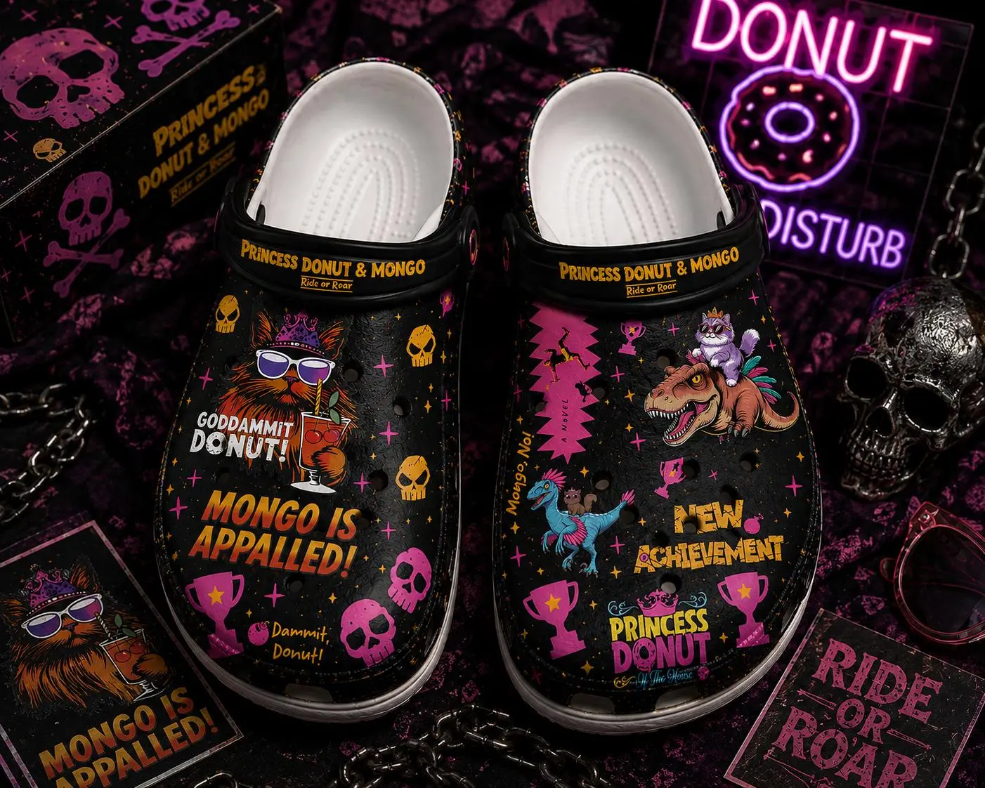 Princess Donut Inspired Clogs Shoes, Appalled Monster Graphic Clogs, Fantasy Dino Cartoon Footwear, Colorful Neon Casual Clogs, Lightweight Comfort Shoes