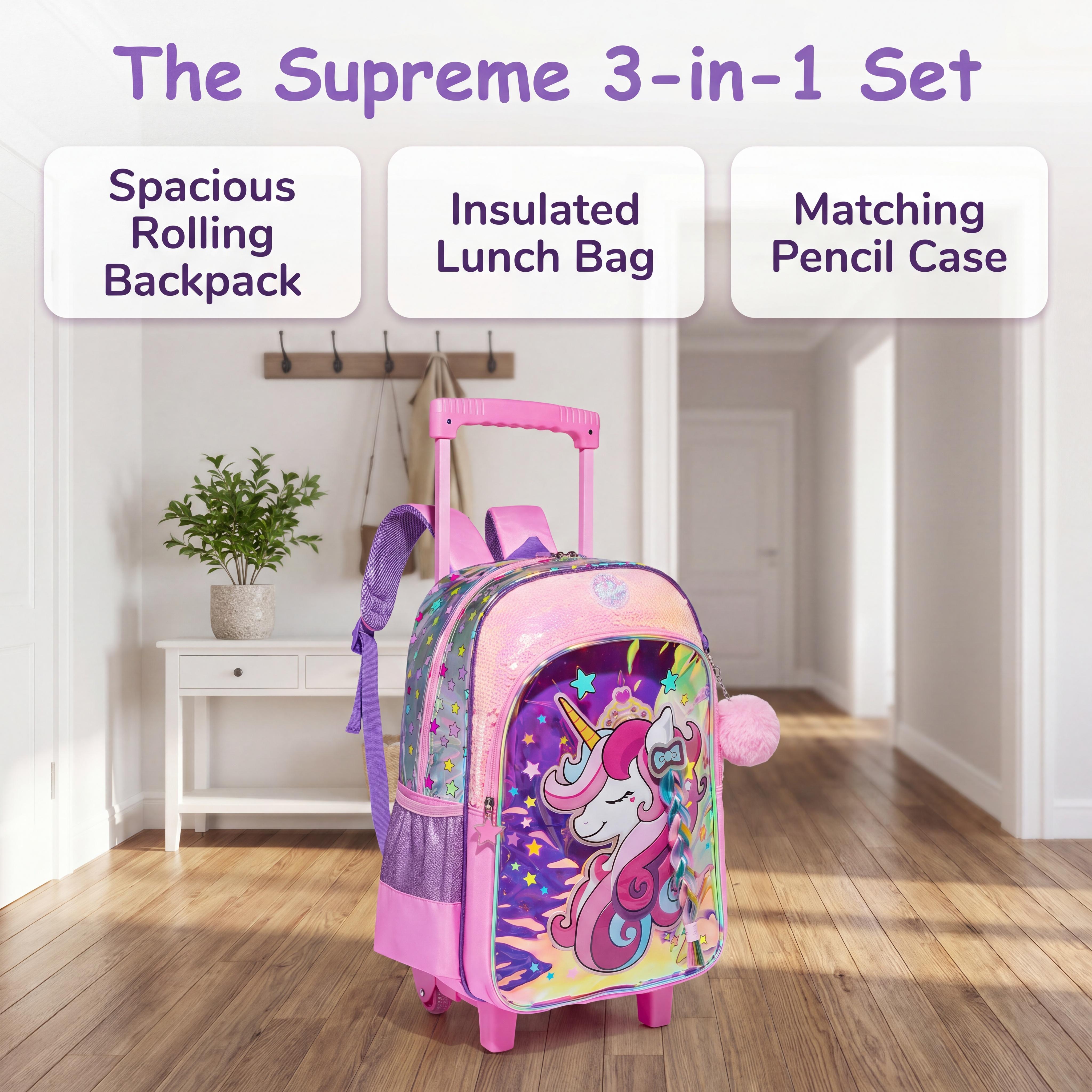 Cute Unicorn Rolling Backpack 3pcs Set for Girls | Aesthetic Laser Kids School Bag with Lunch Box & Pencil Case | Glitter Holographic Bookbag with Braided Hair & Wheels, Detachable Trolley Bag 2026