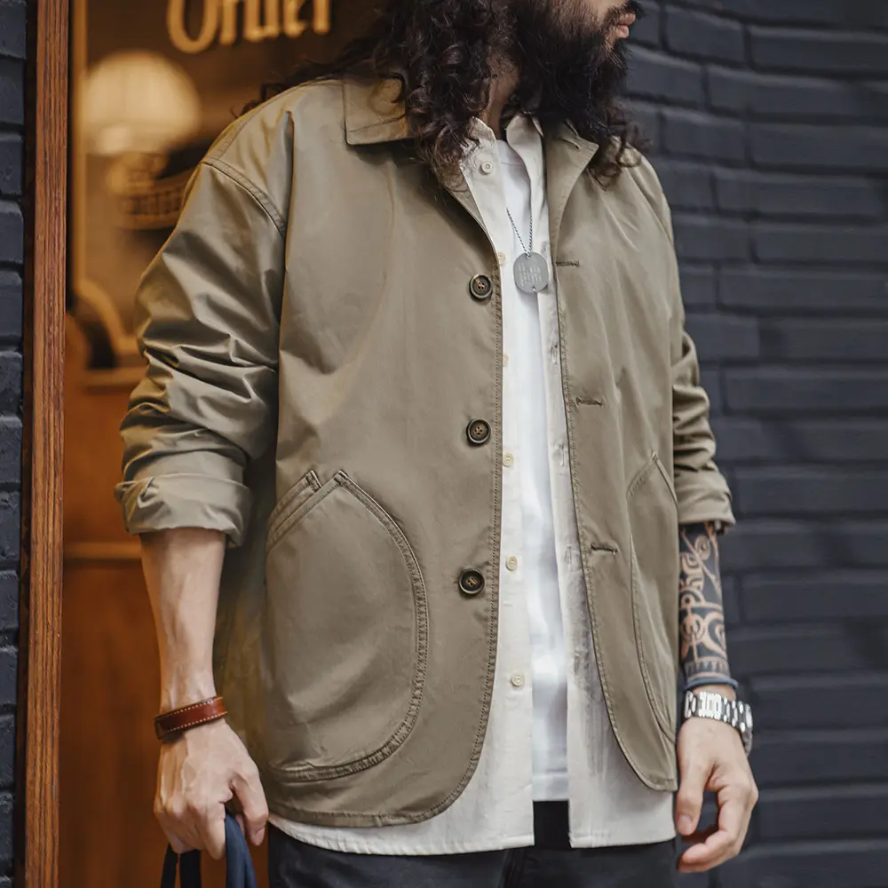 Men's Classic French Work Jacket, Single-Breasted Solid Polyester Long Sleeve Top with Notch Lapel and Slanted Pockets, Standard Fit for Daily Wear, Longsleeves, Tops
