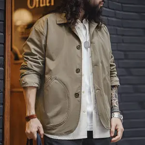 Men's French Vintage Work Jacket in Solid Polyester Fabric, a Casual Single-Breasted Coat with a Notch Lapel and Slanted Pockets for Spring and Autumn, Clothes