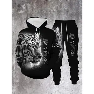 Men's Animal Tiger Head Print Hoodie and Sweatpants Two-Piece Set