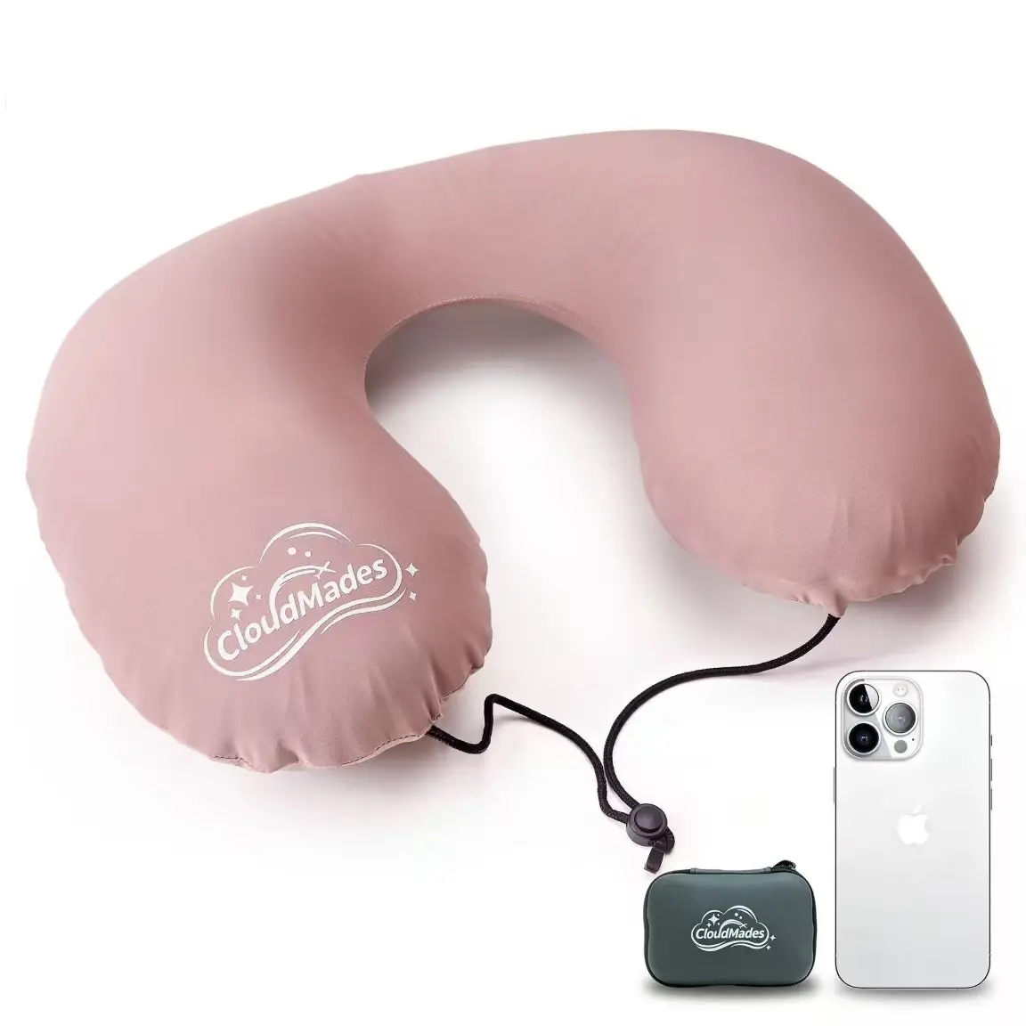 CloudMades Travel Neck Pillow, Premium Inflatable 360° Head Support, Only 2.4oz Ultra Lightweight, Breathable & Washable Cover, Portable Storage Box, Ideal for Airplane, Train, Car Travel