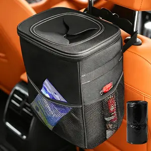 Leakproof Waterproof Car Trash Can with Lid, Hanging Design Auto Garbage Bin with Side Storage Pockets, Small Portable Dustbin Container for Car SUV Truck RV, Home Office Use
