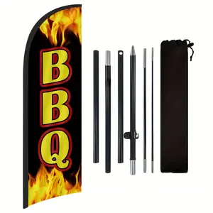 BBQ Shop Flag, Polyester Advertising Flag for BBQ Shop, Includes Flag Pole and Ground Stake, Outdoor Promotion Banner Decoration