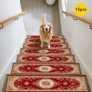 15pc Luxury Pattern Stair Mats Set, Stair Runner, Home Anti-Slip Durable Carpet, Home Decor Rug, European Classical Style, Stair Decorative Mat, Easy to Clean