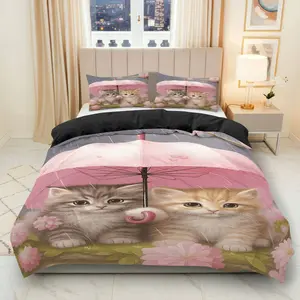 3PCS Duvet Cover Set, 1 Duvet+2 Pillowcases(Without filler), Cats Umbrella Flowers Pink Cute theme, Easter bedding set, Cozy Kitten Perfect for decoration Bedroom Living Room Guest Room Dorm.