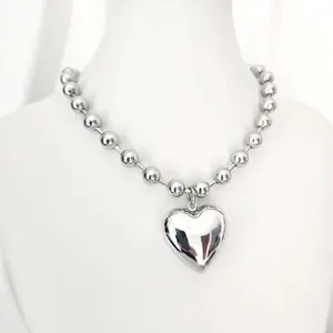 Puffed Heart Necklace, Big  Silver Necklace, Stainless Steel, Ball Chain Necklace, Chunky Heart , Anniversaries Gift, Mother Day Gift