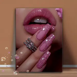 Framed canvas wall art, showcasing charming pink lips and a sparkling ring, is perfect for decorating beauty salons, living rooms, bedrooms, and offices.This ready-to-hang beauty print is ideal for nail salons and makeup areas, and makes an excellent gif