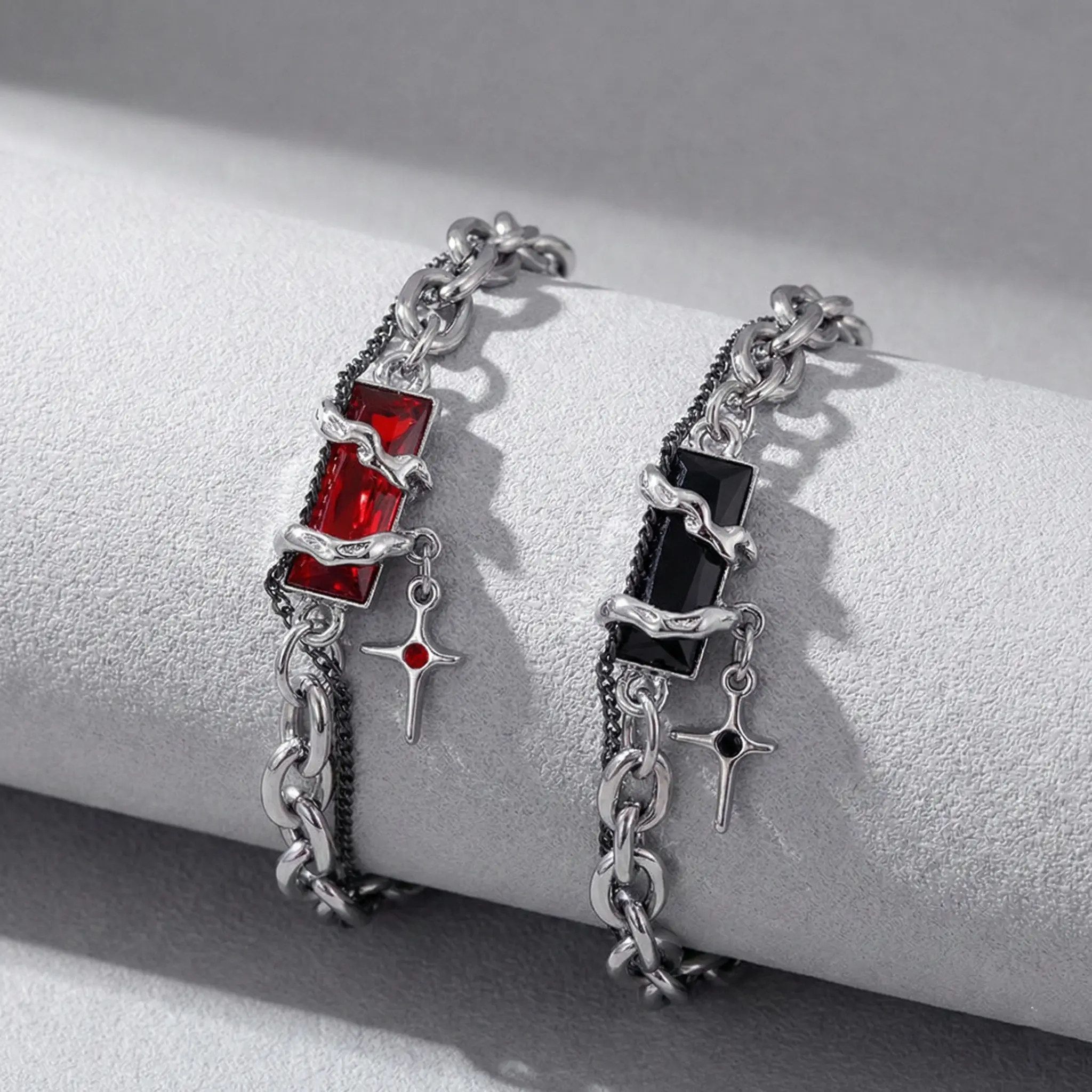 Punk Style Cross Bracelet, Cyber Y2K Silver Tone Chain with Black Punk Style Cross Bracelet, Cyber Y2K Silver Tone Chain with Black