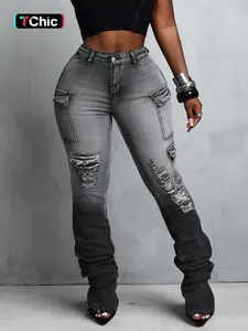 Plus Size Women's Elastic Jeans, Stretch Fabric, Ripped Design, Street Style, Casual Fashion, All-Season Plus Size Denim Jeans