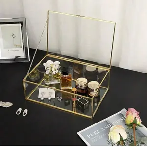 Multifunctional Jewelry Glass Storage Box, Luxurious Plated Copper, Handmade Home Decor for Bedroom & Entryway