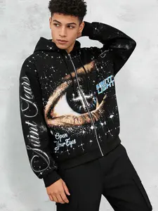 Men's Saint Light Starry Eye Hooded Zipper Sweatshirt, Loose Fit American High Street Style, Fall & Winter Fashion Jacket