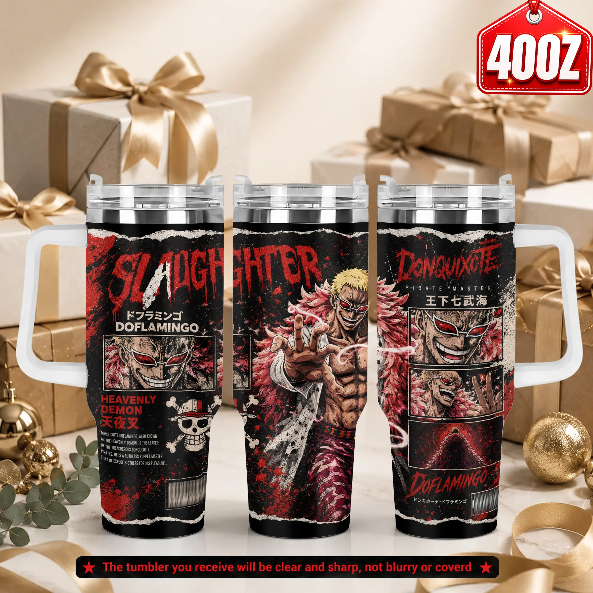 Donquixote Doflamingo One Piece Heavenly Demon Premium 40oz Insulated Tumbler, Stainless Steel Double-Wall Vacuum Cup With Lid Straw and Handle, BPA-Free Reusable Travel Mug, Anime Pirate Fan Gift