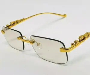 Gold Wire Frame Rimless Men's Luxury Leopard Hip Hop Retro Clear Lens Glasses Fashion Geometric with Leopard Print Accent