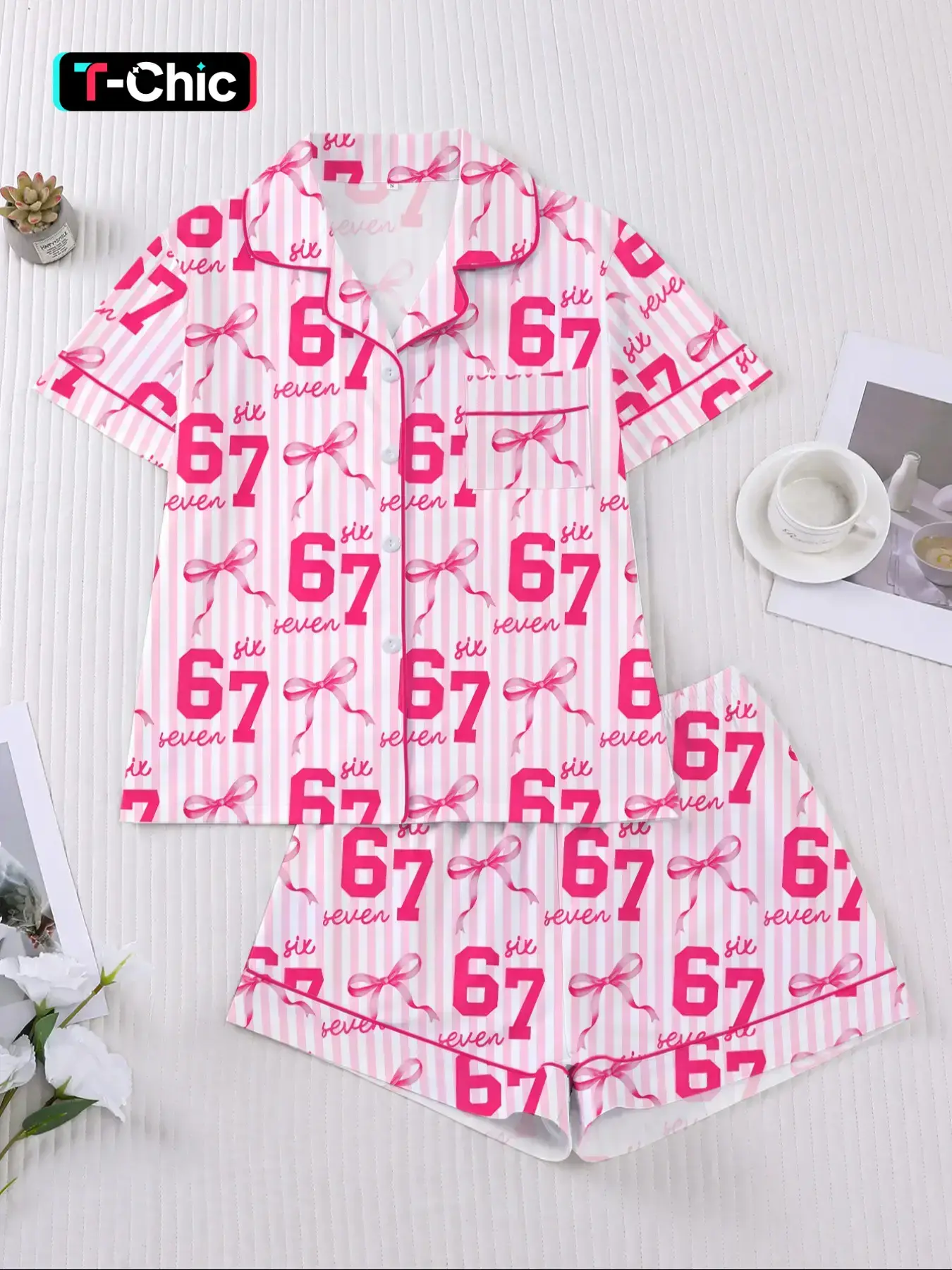 Striped Six Seven Theme Sleepwear Set, Button Front Short Sleeve Shirt and Elastic Waist Shorts, Casual Home Wear