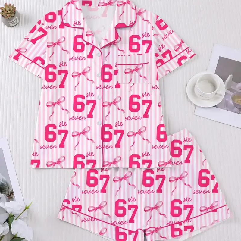 Striped Six Seven Theme, Button Front Short Sleeve Shirt and Elastic Waist Shorts, Casual Home Wear, Pyjamas Set