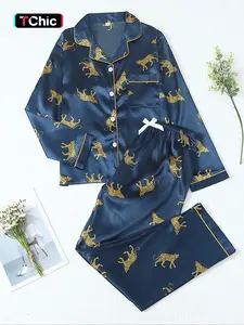 Women's Satin Tiger Print Pajama Set, Luxurious Soft Fabric for Comfortable Sleepwear, Casual Wear & Loungewear, All Season Fitted Design