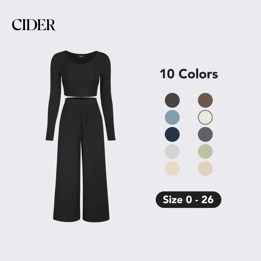 Cider [10 colors, Size 0-26] Knitted Crop Top & Wide Leg Pants Set