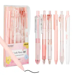 6 pieces of large-capacity push-action quick-drying neutral pens. Learning set. 0.5mm black minimalist neutral pen. Marking fluorescent pen. Suitable for school activities rewards. Christmas gift. Set with pen