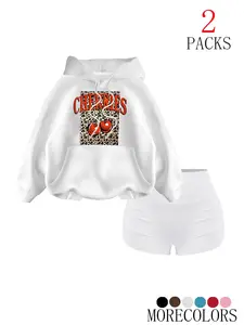 Women's Fashion Leopard Print Cherry Letter Knit Hoodie Set, Casual Loose-Fit Drawstring Sweatshirt & Shorts, Fall Winter Retro Style