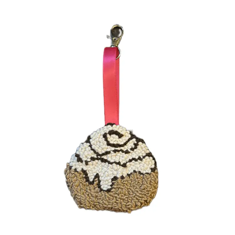 Cinnamon Roll Punch Needle Keychain - Unique Design with Cinnamon Roll Pattern and Pink Cord