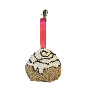 Cinnamon Roll Punch Needle Keychain - Unique Design with Cinnamon Roll Pattern and Pink Cord