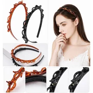 2-Pack Multifunctional Hair Hoops & Bangs Hairstyle Hairpin Set – Fashionable Minimalist Headwear with 8 Clip Weave Tools, Toothed Braid Accessories for Effortless Styling & Daily Wear (Black & Brown)