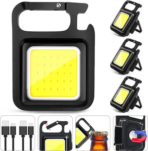 COB Rechargeable Keychain Work Light, PortableMagnetic Flashlight with Bottle Opener & Carabiner, 4Modes for Camping Fishing Cycling Emergency