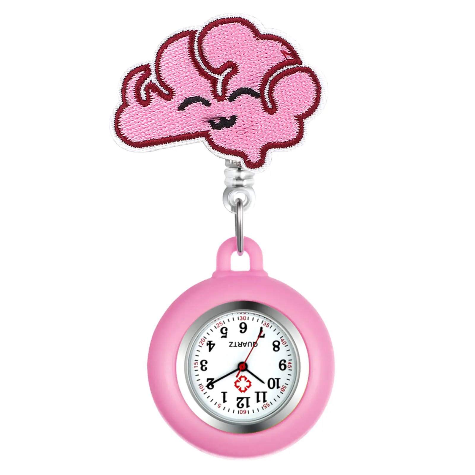 OIDEA Nurse Fob Watch with Pink Brain Embroidery, Stretchy Eco-Silicone Clip-on for Nurses & Healthcare Professionals, Water Resistant Unisex Gift, Healthcare Accessories, 1 Atm, Quartz, Unisex One-Size